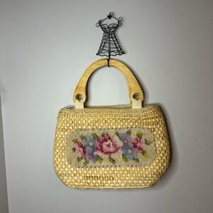 Vintage Wicker Bag with Floral Needlepoint Panel